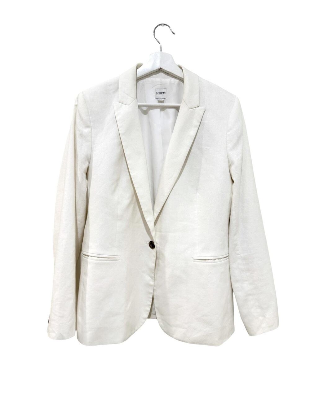 J.CREW Blazer Womens 12 White Linen Cotton One Button Lined Classic Jacket